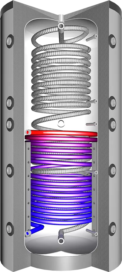 Juratherm Hygienespeicher mit einem inneren Spiralrohrsystem, das die Wärmeübertragung optimiert. Sichtbare Anschlüsse an der Außenseite für Zulauf und Rücklauf.